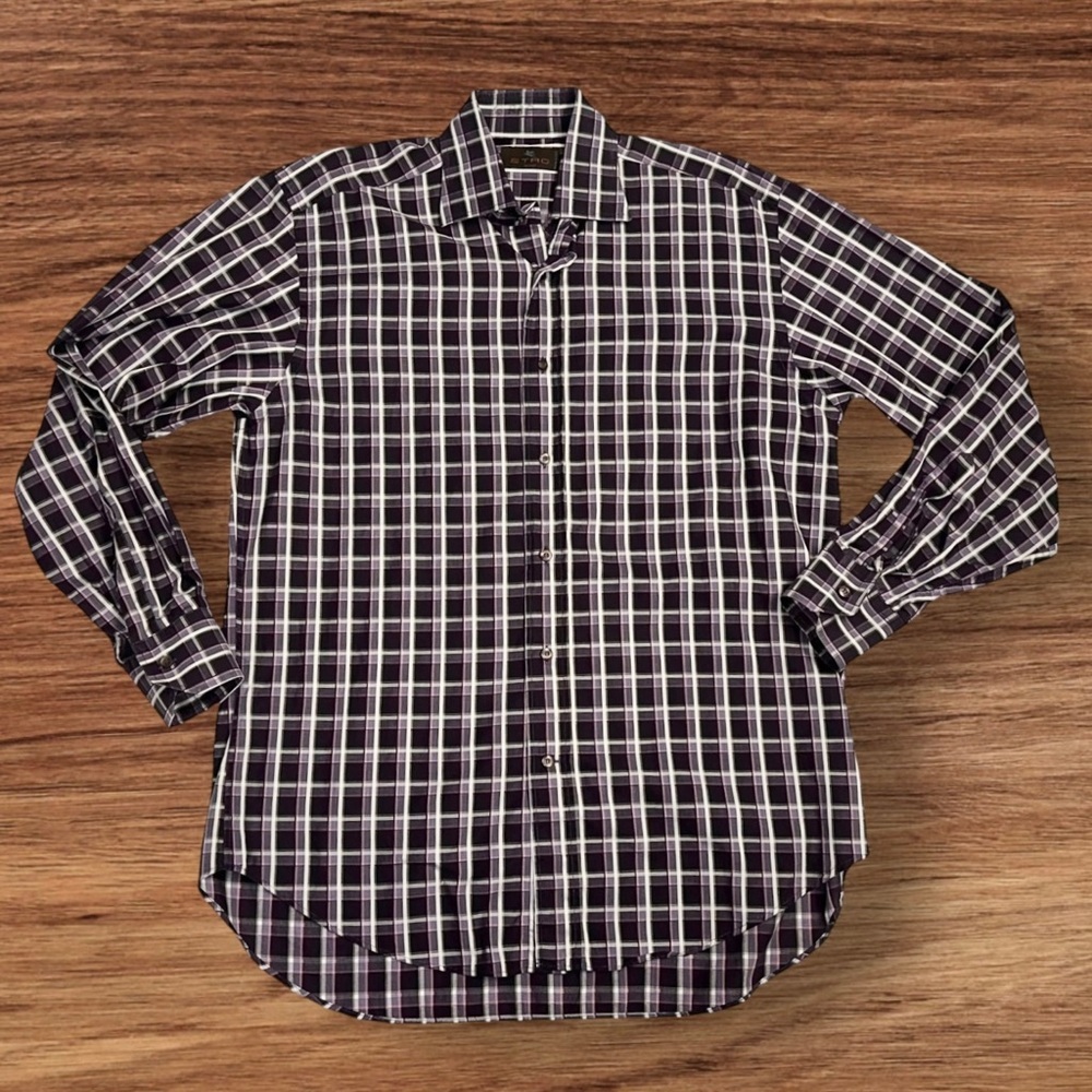 ETRO Milano Shirt Mens 100% Cotton Made in Italy Purple Plaid Button Up Size L - Picture 2 of 8